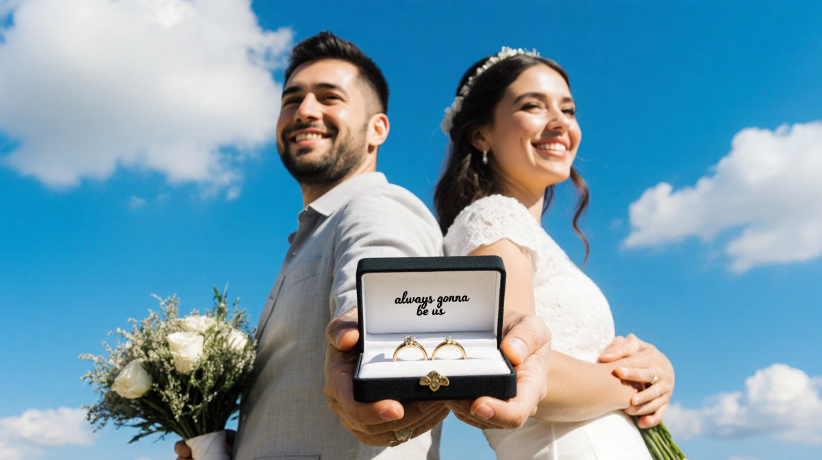 Couple standing back-to-back with intertwined hands and wedding ring box showing always gonna be us with wilted bouquet on gr