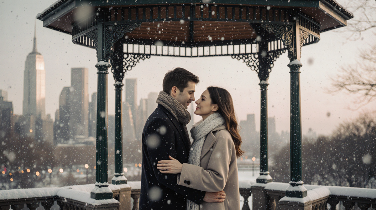 Couple standing together under a covered gazebo with warm winter coats and scarves falling snow and distant city lights.