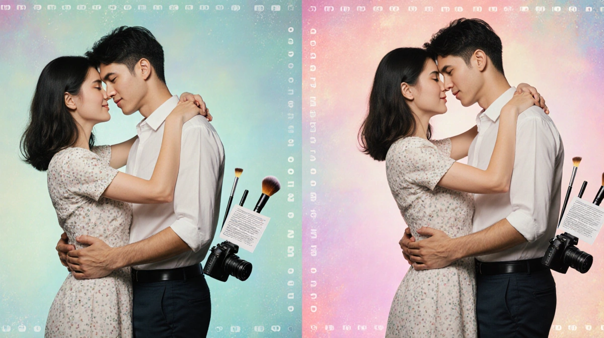 Couples embracing while holding cameras and makeup brushes against pastel background with film textures