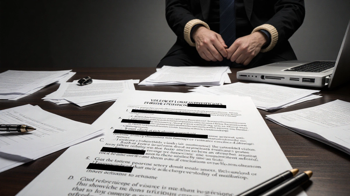 Court documents with redacted text lie scattered across cluttered desk with restraints visible in background suggesting domes