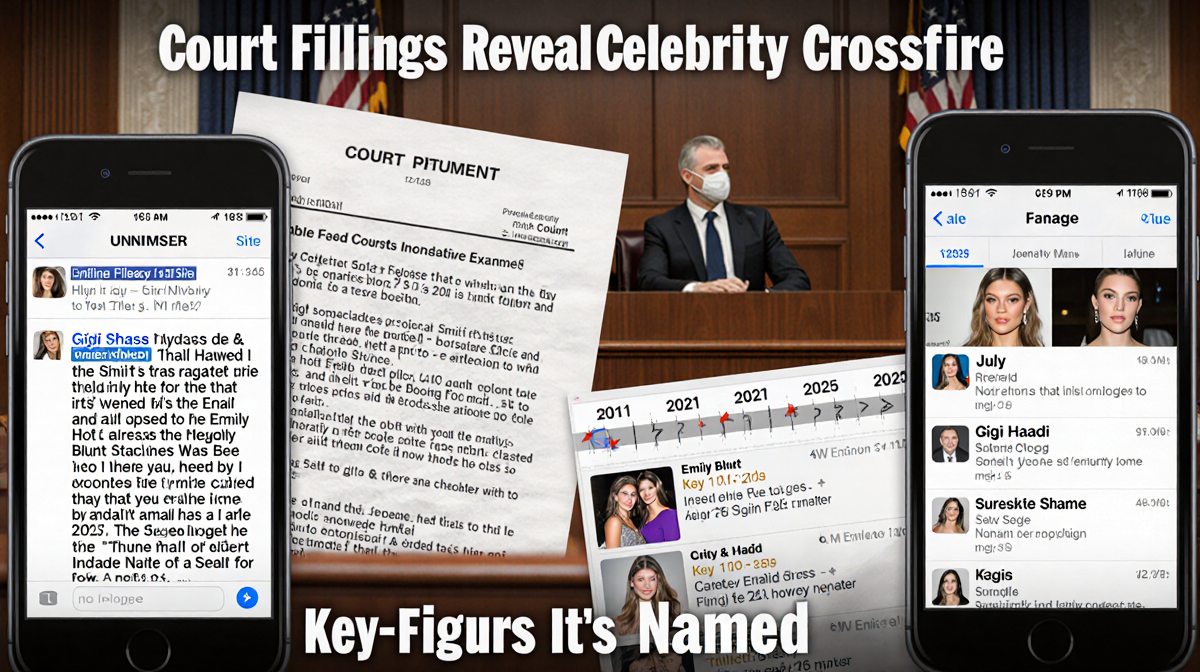 Courtroom screen shows documents and celebrity phone chats with Emily Blunt and Gigi Hadid timeline