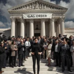 Judge stands on courthouse steps with reporters and influencers crowding around as a gag order banner hangs above