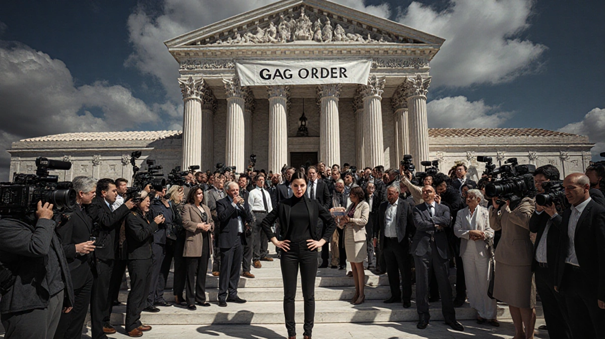 Judge stands on courthouse steps with reporters and influencers crowding around as a gag order banner hangs above