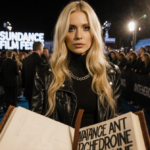 Courtney Love standing with a leather‑bound book revealing her documentary title under warm lighting near the Sundance crowd