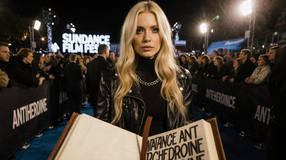 Courtney Love standing with a leather‑bound book revealing her documentary title under warm lighting near the Sundance crowd