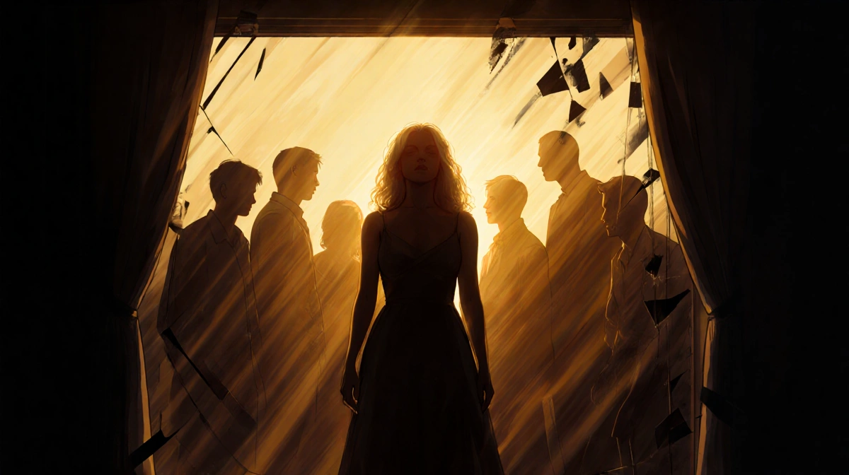 Courtney Stodden stands alone in golden light with dark silhouettes swirling around and broken glass showing emotional turmoi