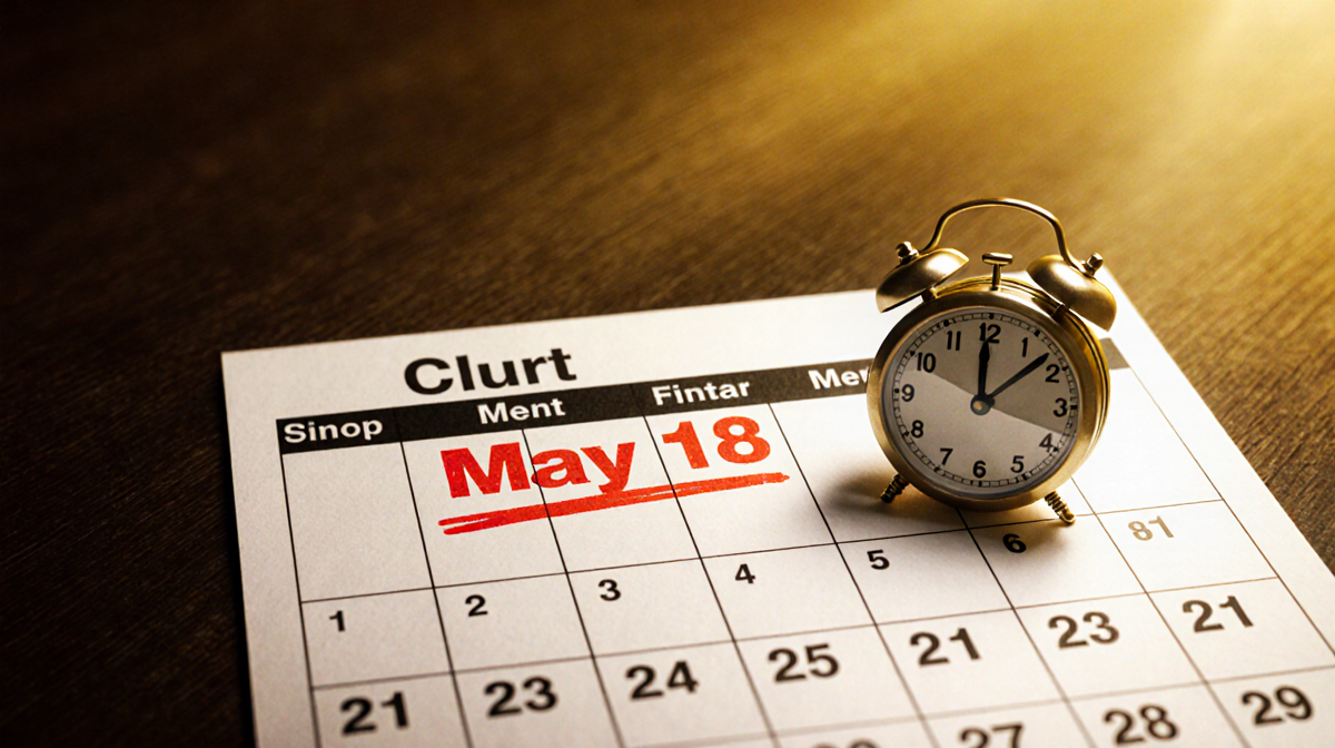 Calendar shows May 18 in bold red with a ticking clock in front against a warm golden backdrop for the courtroom trial.