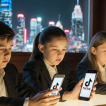 Three children sit at a courtroom table holding smartphones showing social media apps with blurred futuristic city behind.
