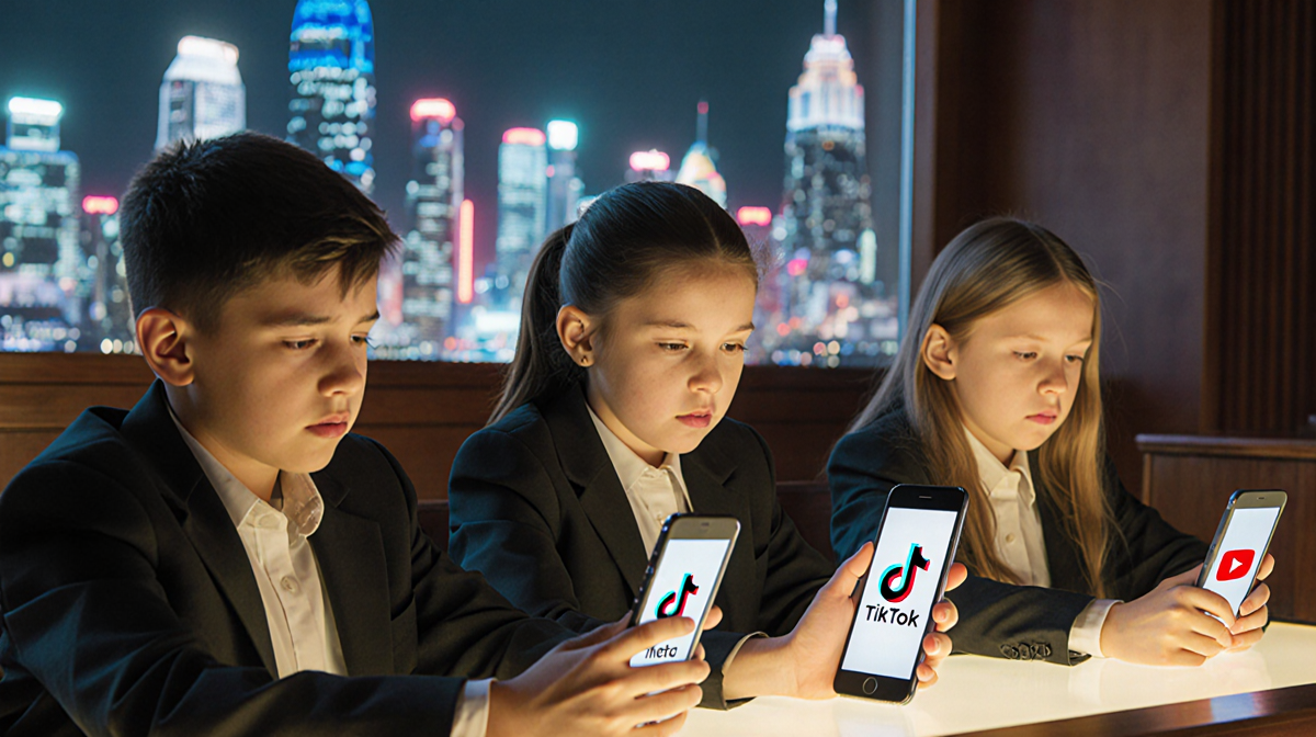 Three children sit at a courtroom table holding smartphones showing social media apps with blurred futuristic city behind.