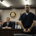 Man standing before bench with hands cuffed to chair and judge watching under fluorescent lights