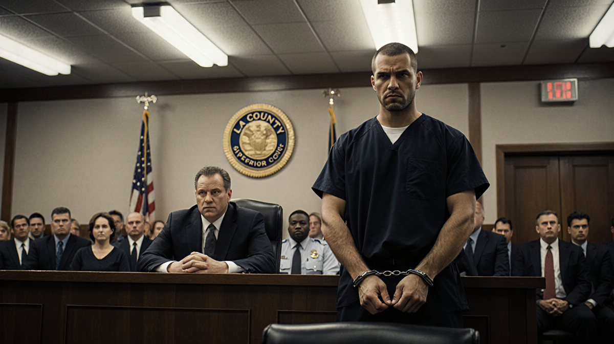 Man standing before bench with hands cuffed to chair and judge watching under fluorescent lights