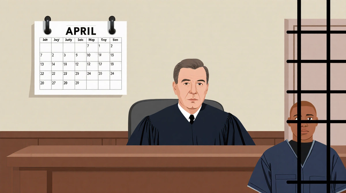 Judge Walter presides in empty courtroom with April calendar and prisoner's uniform showing detention