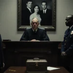 Judge presiding over dimly-lit courtroom with stern lawyer and evidence box showing crime scene tape
