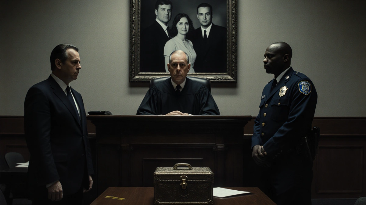 Judge presiding over dimly-lit courtroom with stern lawyer and evidence box showing crime scene tape