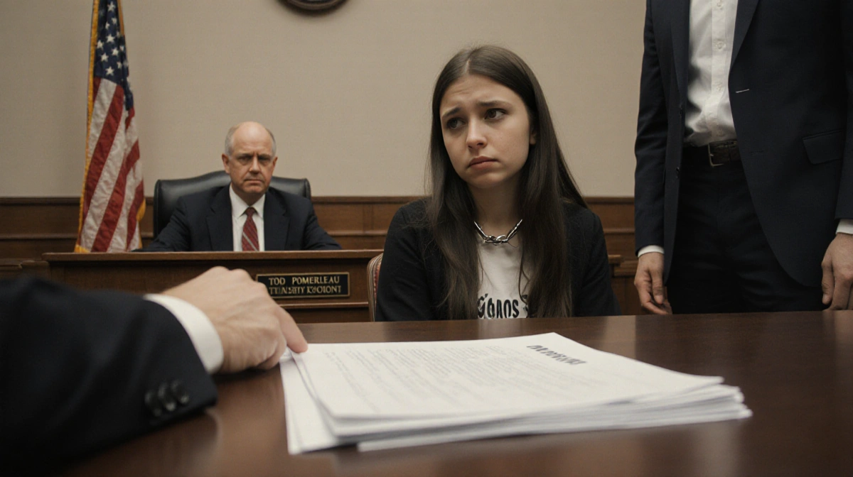 Judge presiding over courtroom with handcuffed student and lawyer Todd Pomerleau pointing to case documents