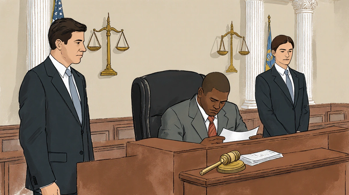 Curren Price sits in defendant chair with hands cuffed and judge reviewing documents near a gavel