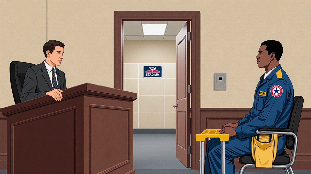 Lawyer stands before bench with defendant in uniform beside him and blurred NRG Stadium restroom door in background.