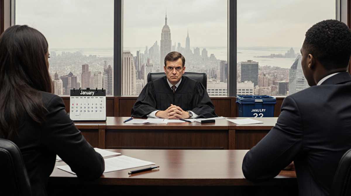 Judge observes lawyers with scattered papers and a calendar showing Jan 22 in a muted courtroom