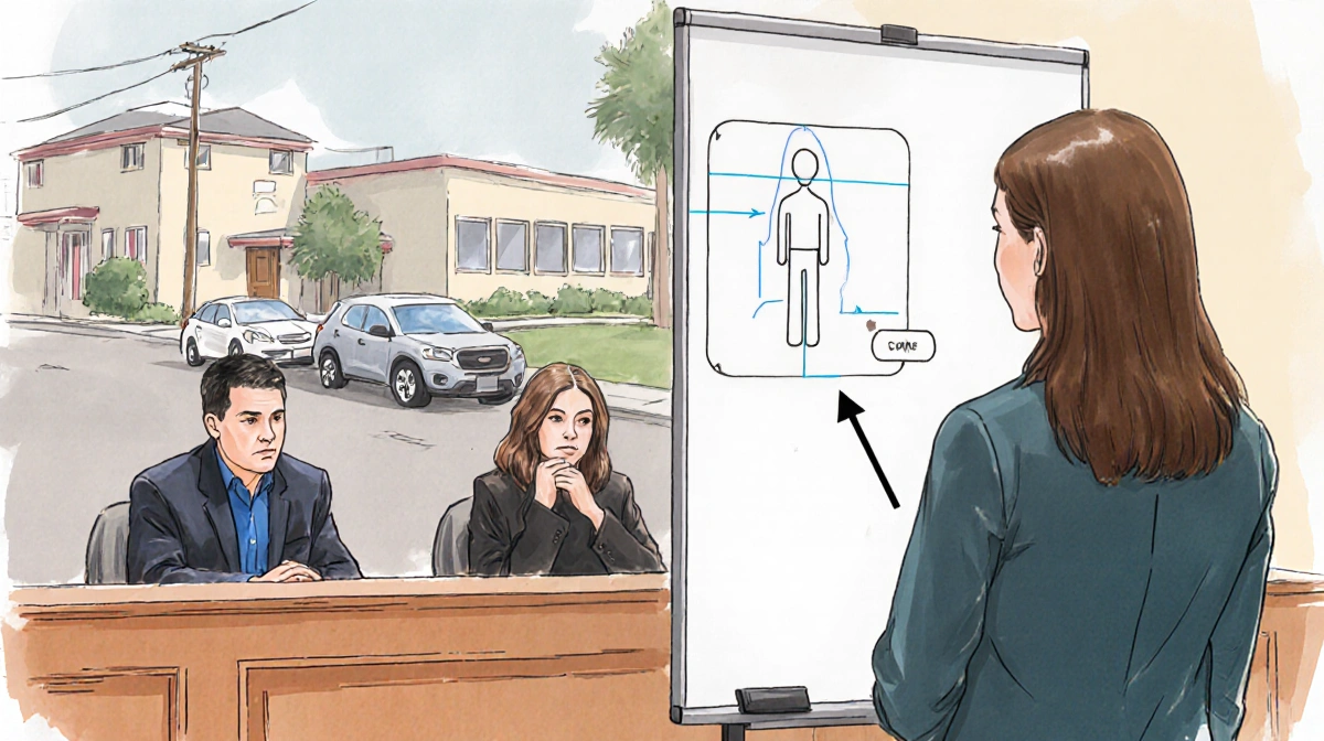 Woman testifying in courtroom with whiteboard showing Gonzales and blurred cars outside school