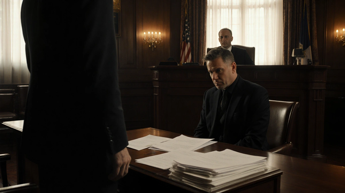 Timothy Busfield looks down at stack of letters with warm judge bench light in justice courtroom