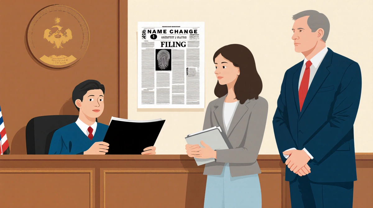 Judge reviewing name change paperwork with young adult and politician standing before bench