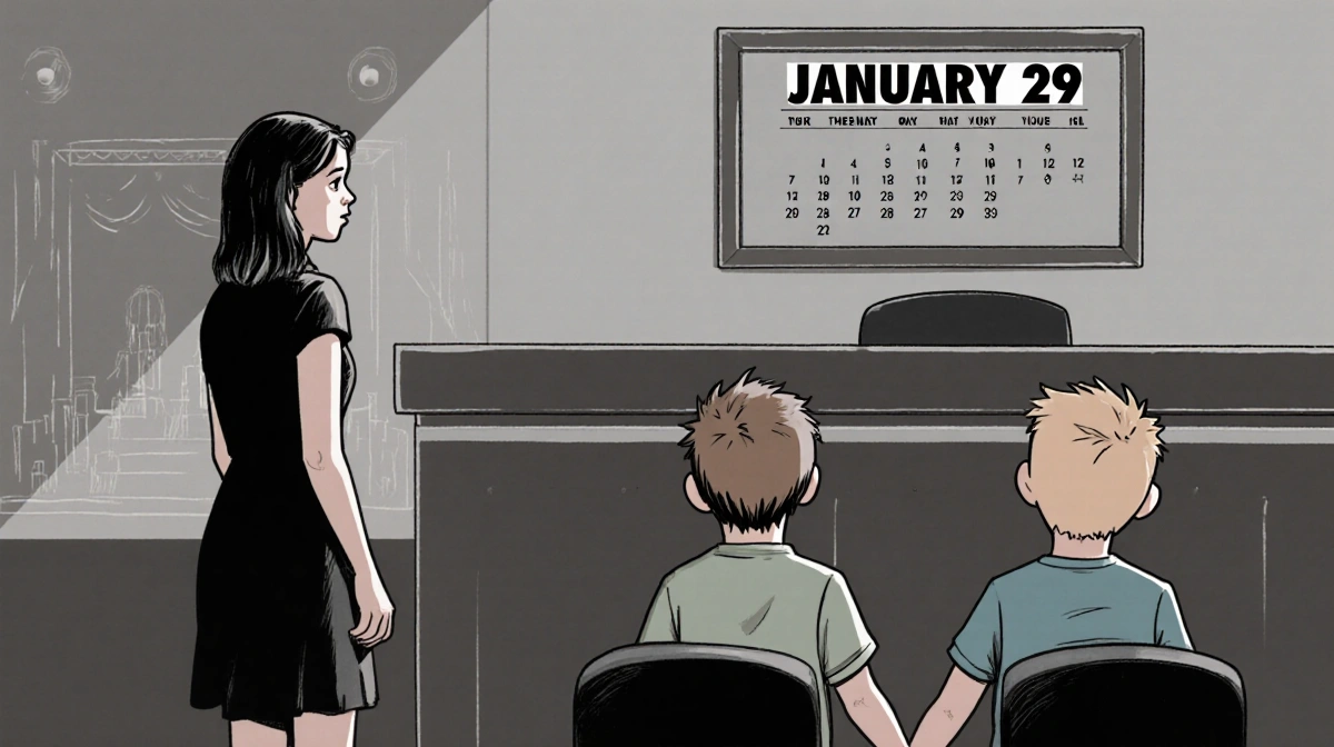 Two young boys holding hands in courtroom with worried teenage girl standing before them and January 29 hearing date on calen