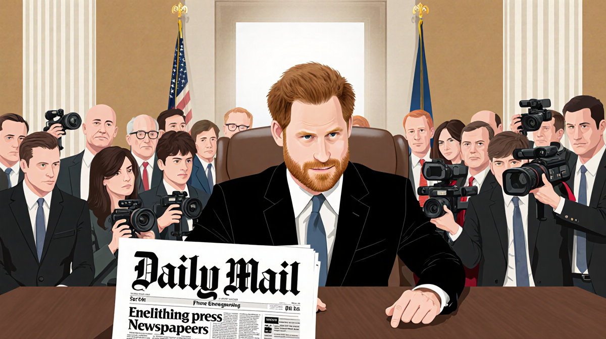 Prince Harry sitting confidently in courtroom with judge's desk holding Daily Mail headline and blurred press corps.