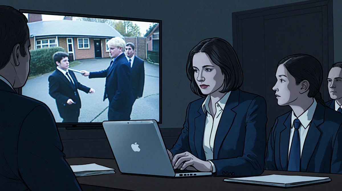 Psychologist analyzing CCTV footage on laptop with knife attack video playing behind her in courtroom