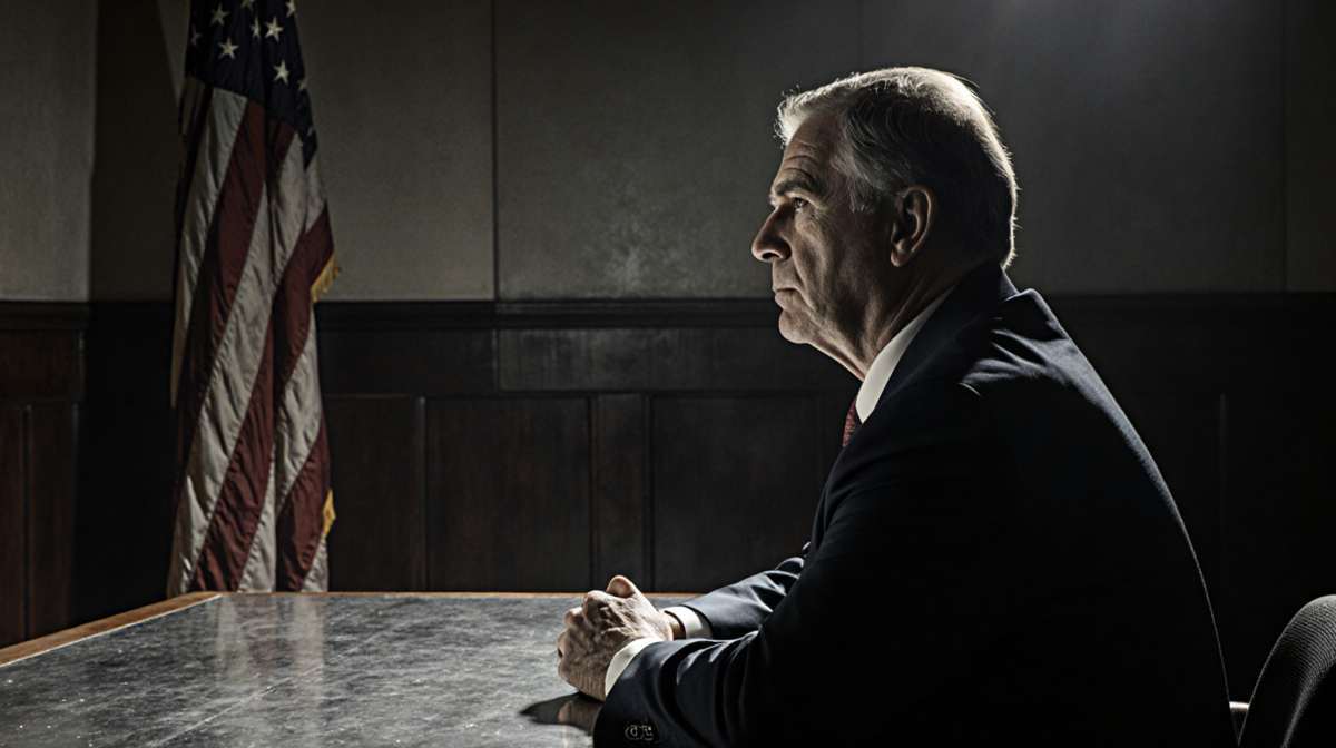 Somber middle-aged man sitting at metal table with a faded flag and faint spotlight in a courtroom.