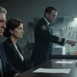 Fire chief points to evidence papers with detective and concerned defendant at dim courtroom bench