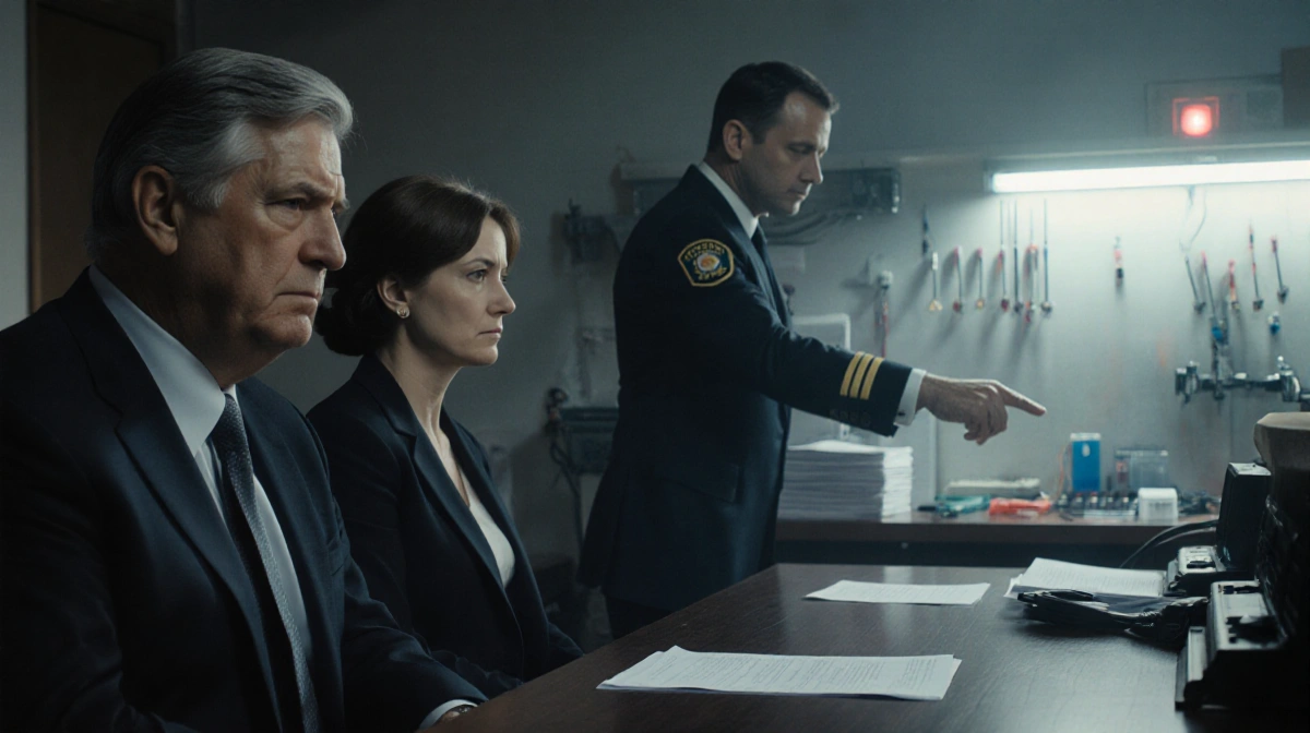 Fire chief points to evidence papers with detective and concerned defendant at dim courtroom bench