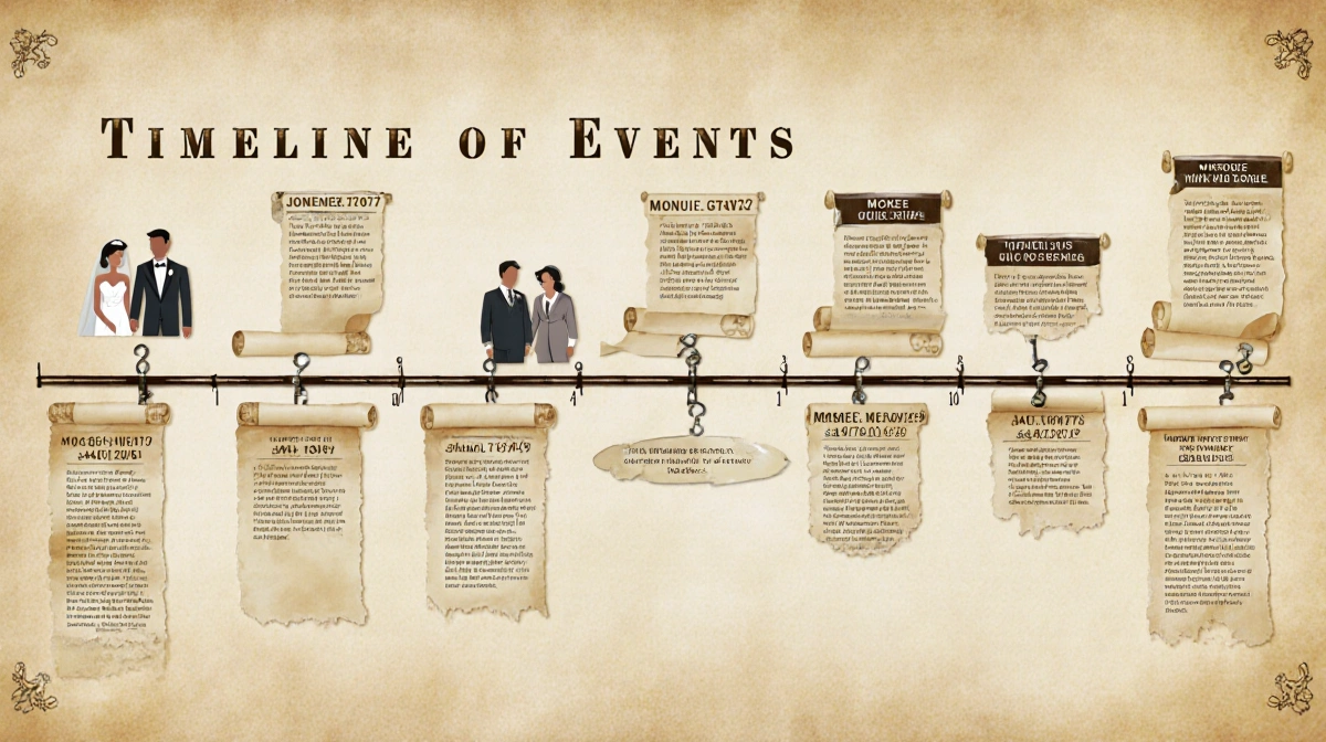Courtroom timeline showing key dates on metallic scrolls with wedding divorce and murder events in warm beige setting