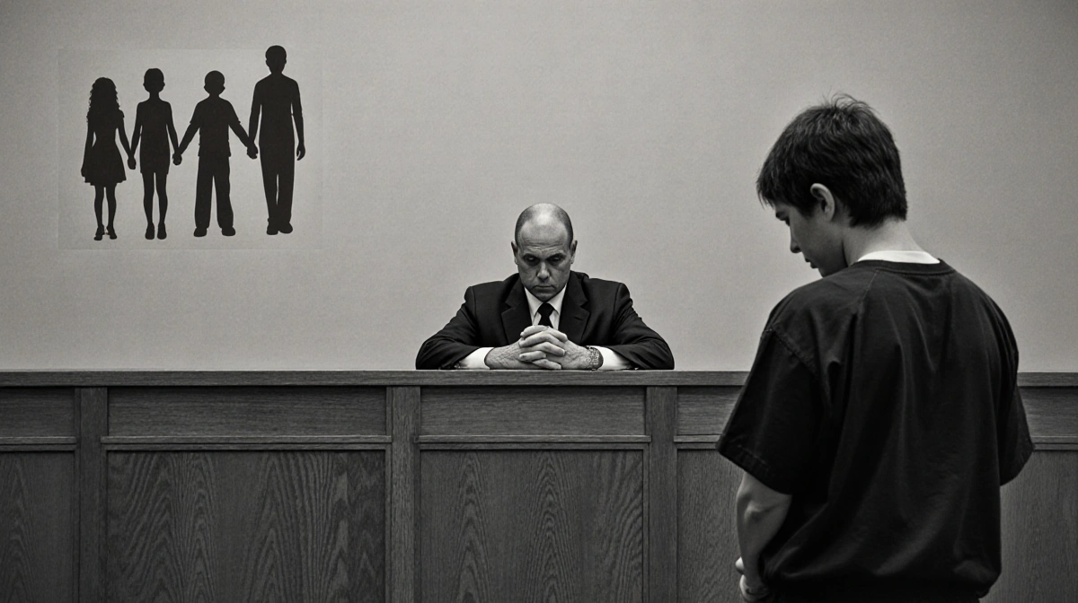 Prisoner stands before jury with head bowed and hands clasped as judge watches from bench