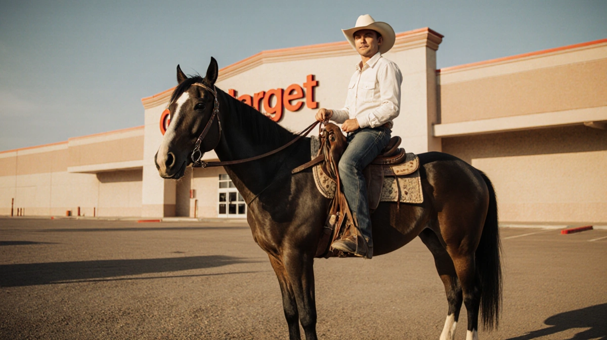 Horse rider stands confidently with reins over shoulder and cowboy hat tilted near Target store entrance