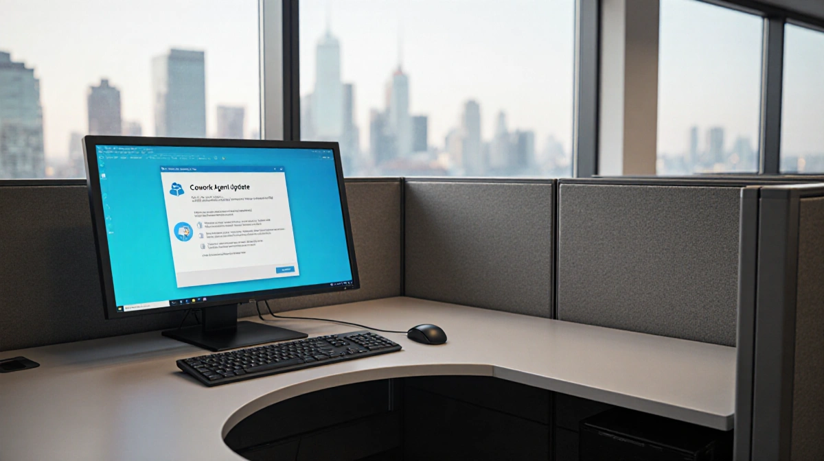 Empty office cubicle shows cowork agent update on computer screen with city skyline through window and quiet workspace