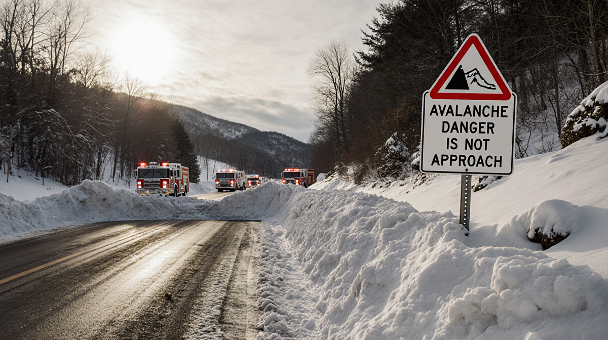 Avalanche blocking Coxton Road with snow-covered lanes and a warning sign and emergency trucks parked in background.
