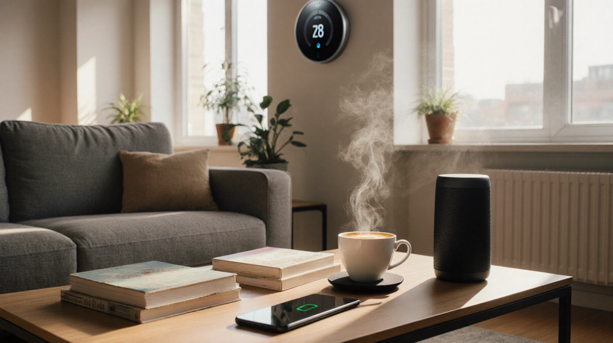A sleek smartphone charges beside a steaming cup of coffee on a coffee table with light pouring through a window in living ro