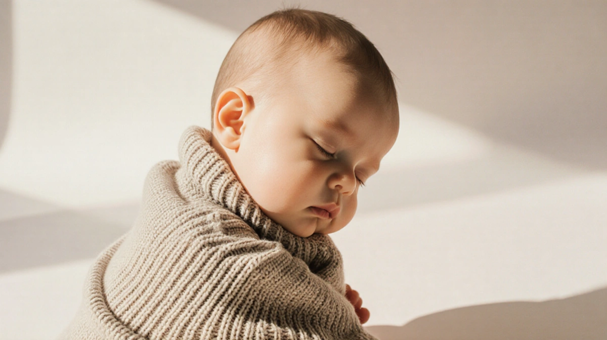 Sleepy baby wearing oversized chunky knit sweater with soft morning light showing cozy texture