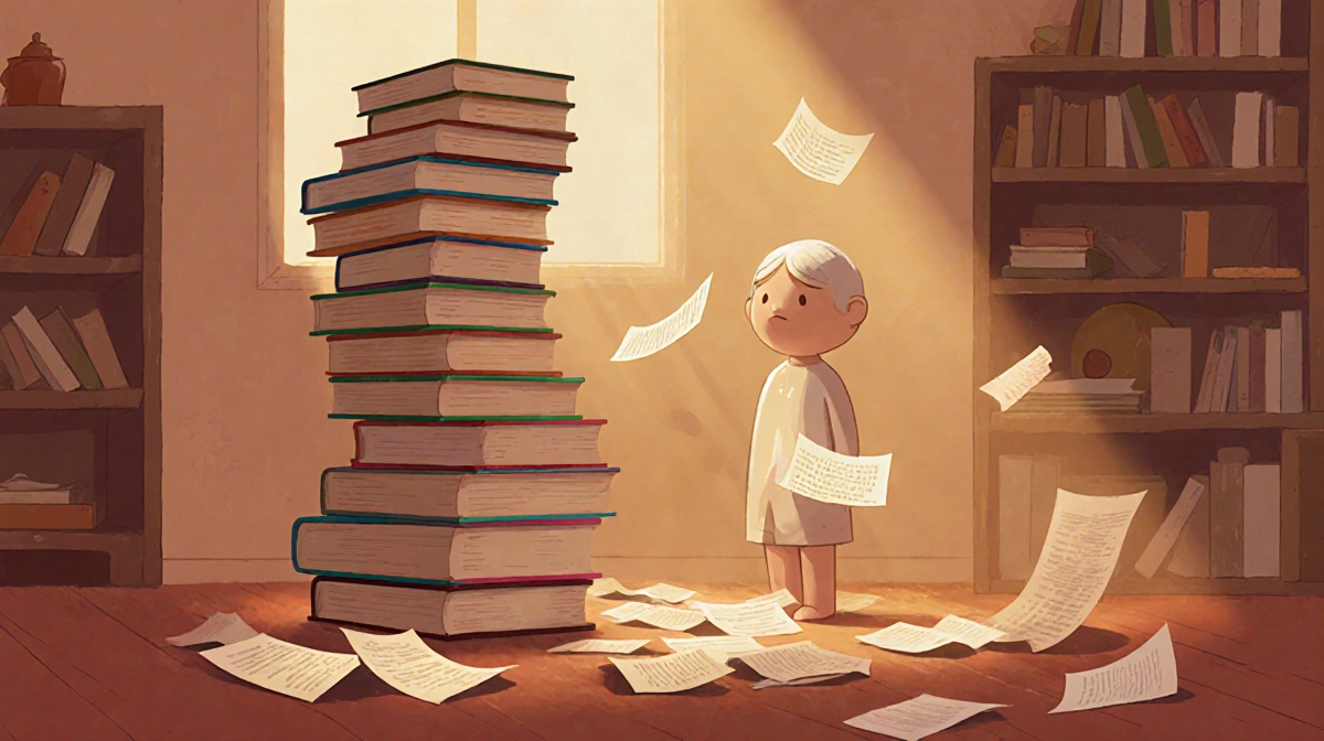 Woman stands before books with pages falling and loose papers floating in cozy room with warm lighting