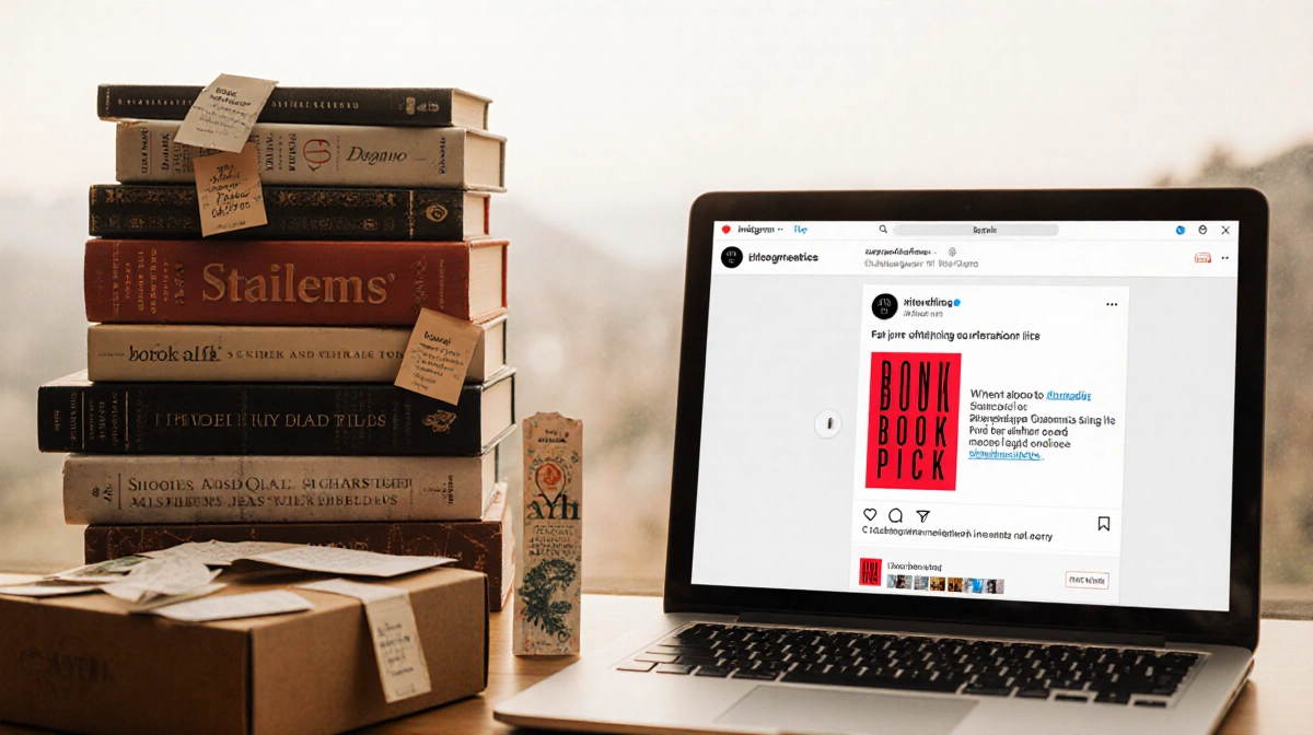 A red-highlighted book stands out on a cozy bookshelf with Instagram post on tablet and subscription box nearby