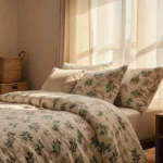 Cozy bedroom with botanical duvet and warm lamp lighting creates serene retreat