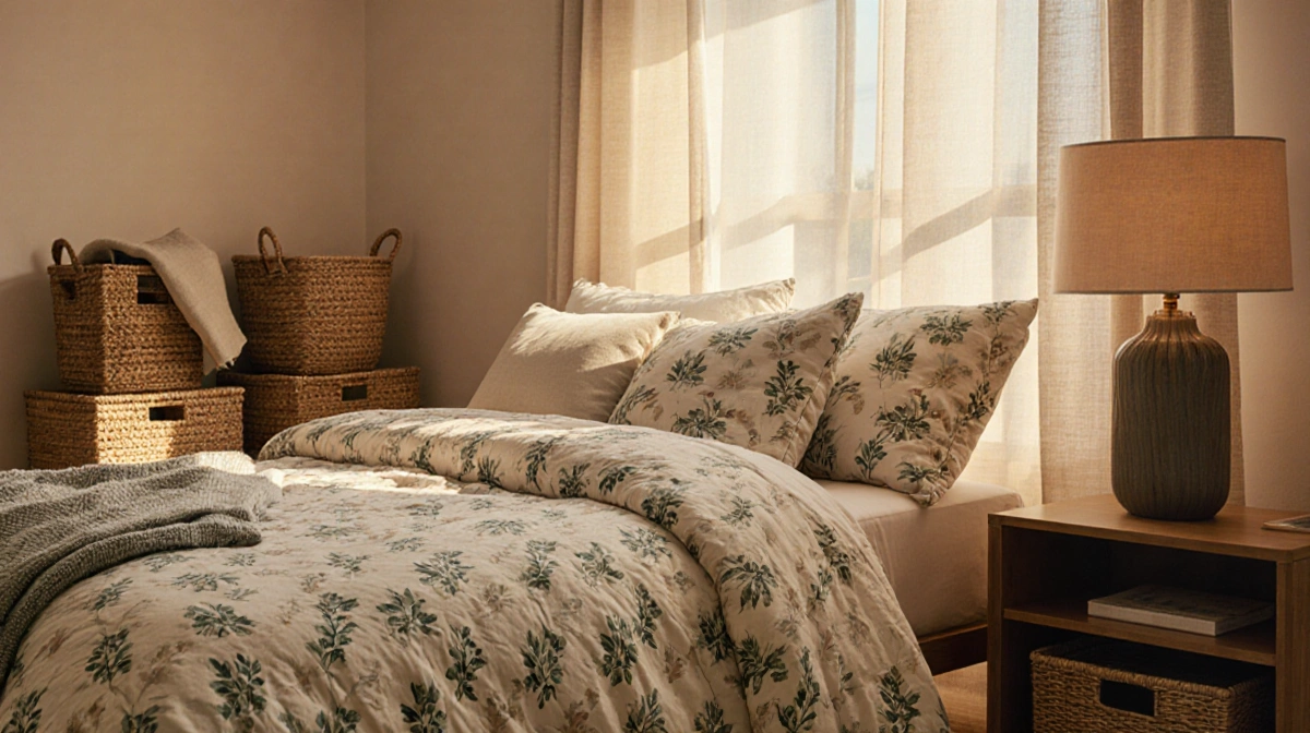 Cozy bedroom with botanical duvet and warm lamp lighting creates serene retreat