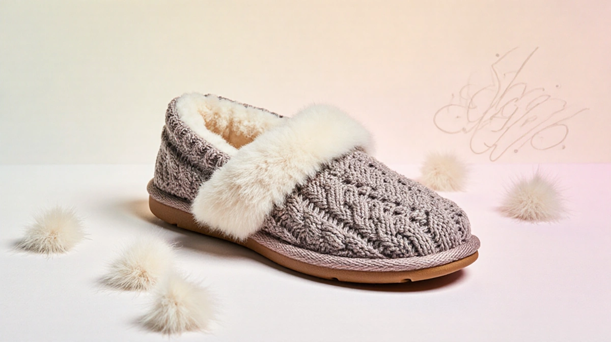 Cozy cable-knit slippers rest with faux-fur lining and memory-foam insoles on soft pastel background