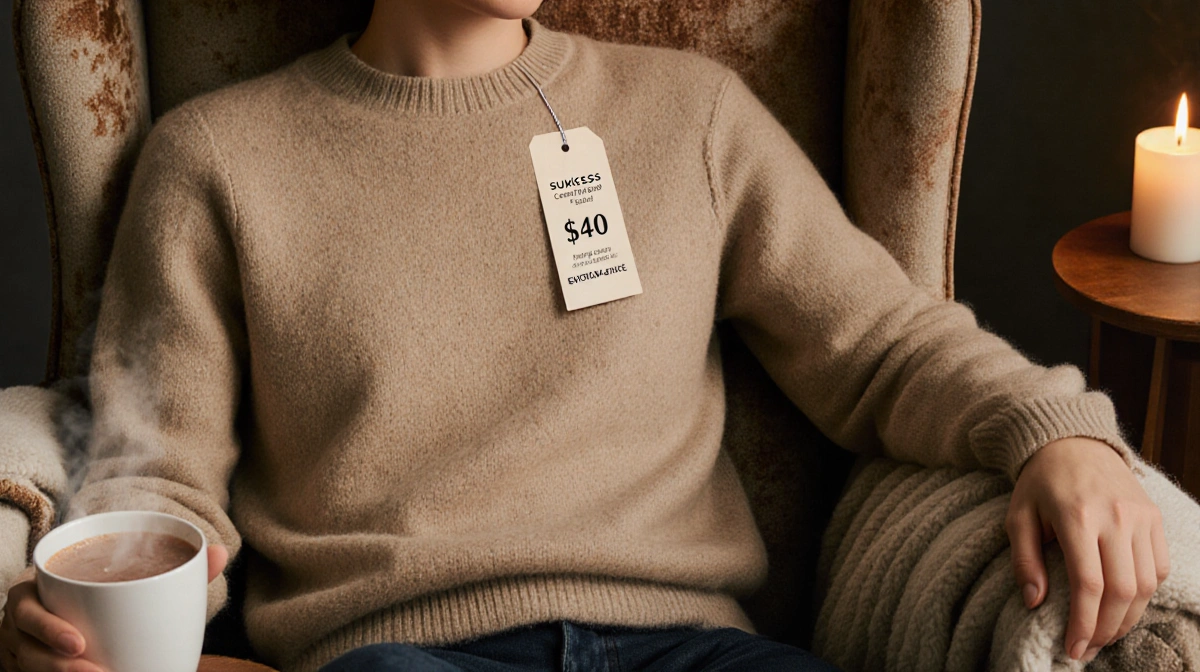 Person wearing cozy cashmere sweater relaxing in armchair with hot cocoa and candlelight showing $40 price tag