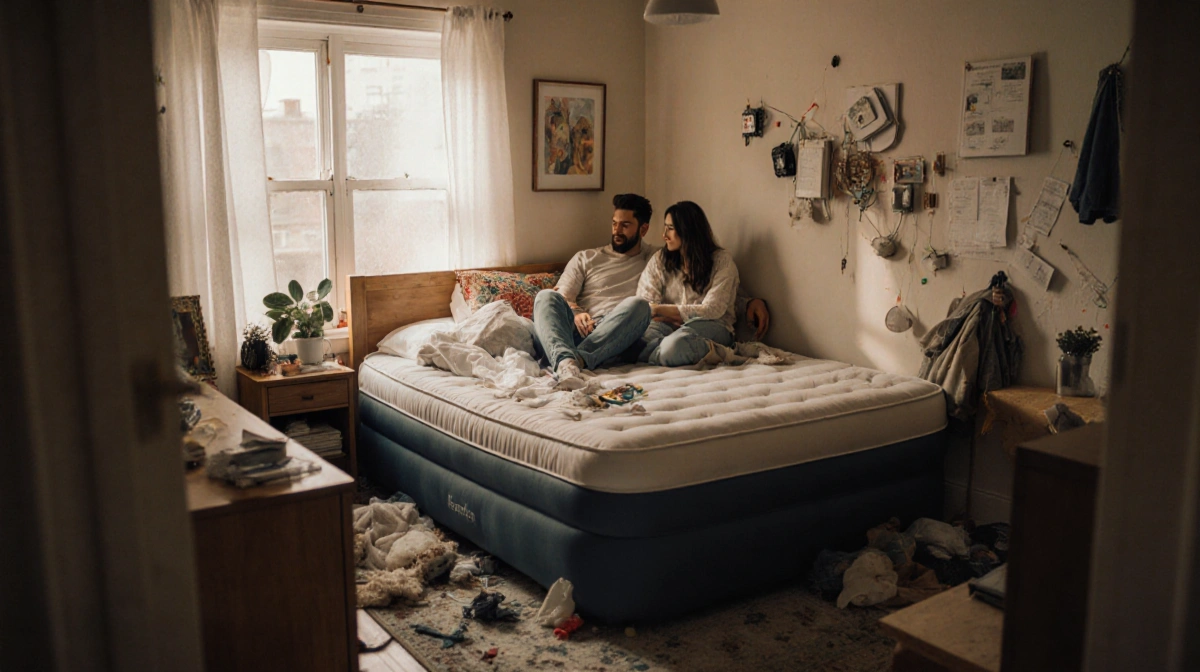 Couple relaxing on queen bed with air mattress extension in cozy cluttered apartment with warm lighting