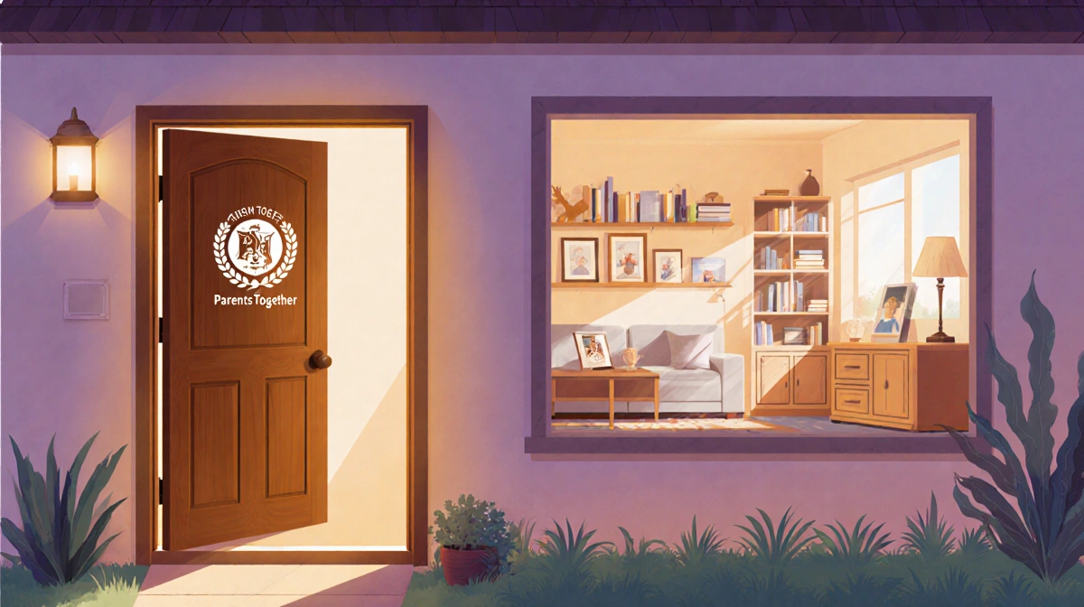 ParentsTogether network welcomes families to cozy living room with natural light streaming through windows and family photos 