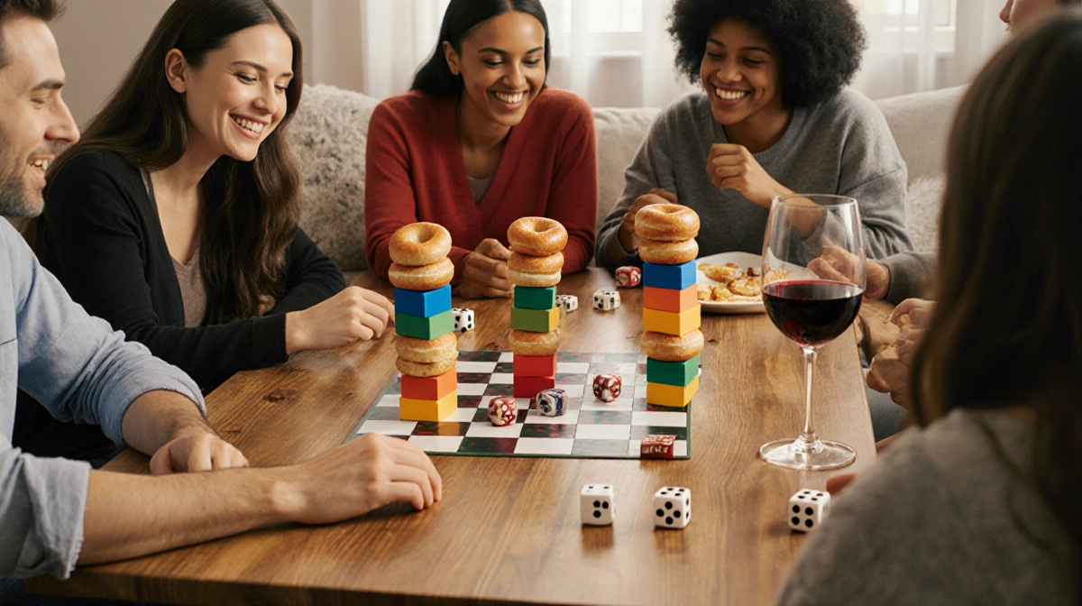Friends playing Stack & Spill board game with colorful bagel blocks and wine glasses on wooden table