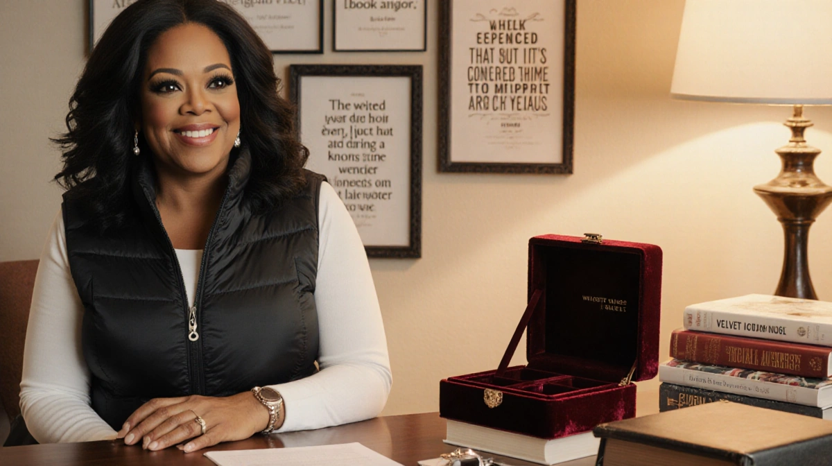 Woman wearing weighted vest works at organized desk with open velvet jewelry box and stacked books nearby