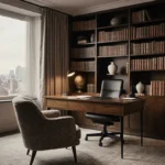 Cozy home office blends modern and vintage furniture with wooden desk and leather books showing city view outside