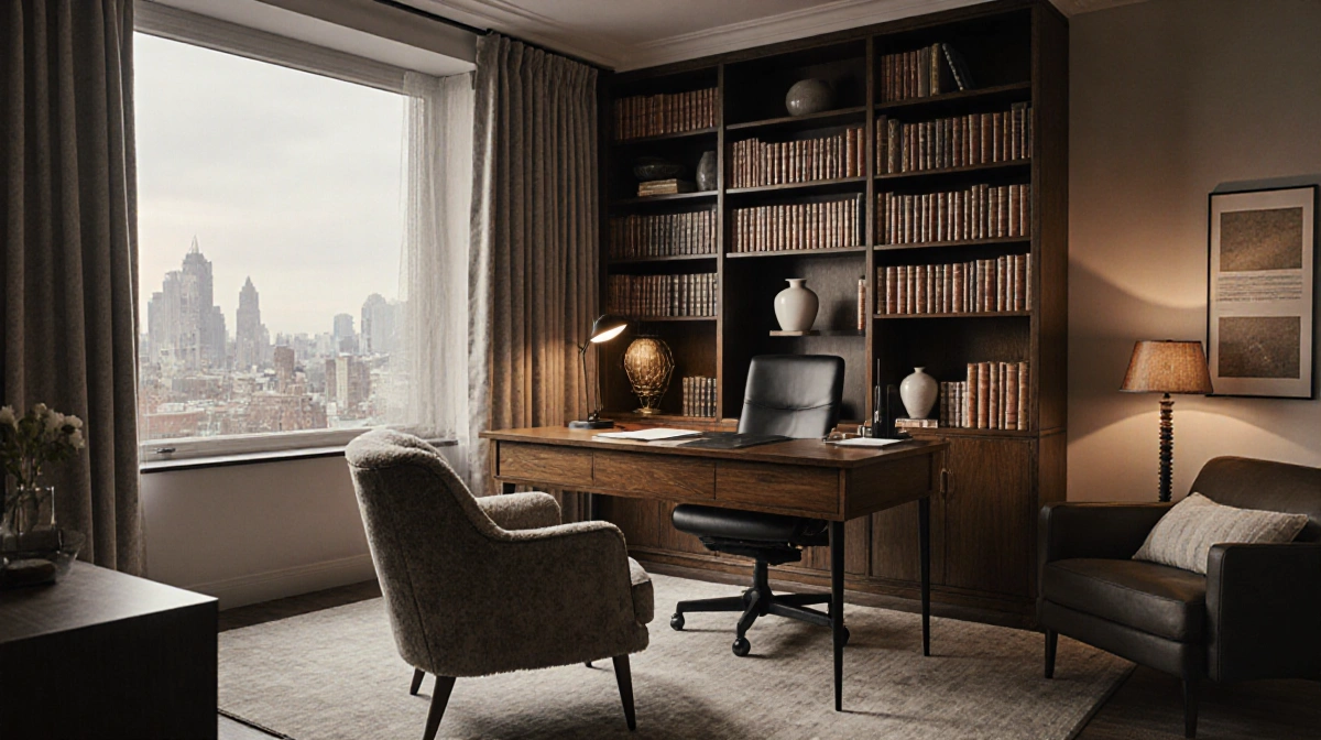 Cozy home office blends modern and vintage furniture with wooden desk and leather books showing city view outside